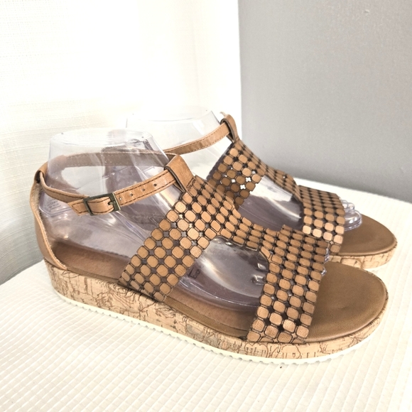 Tamaris Wortmann Sandal Cork Sole Ankle Strap Open Toe Instep Shoe Wood Mesh Loo - Picture 1 of 10